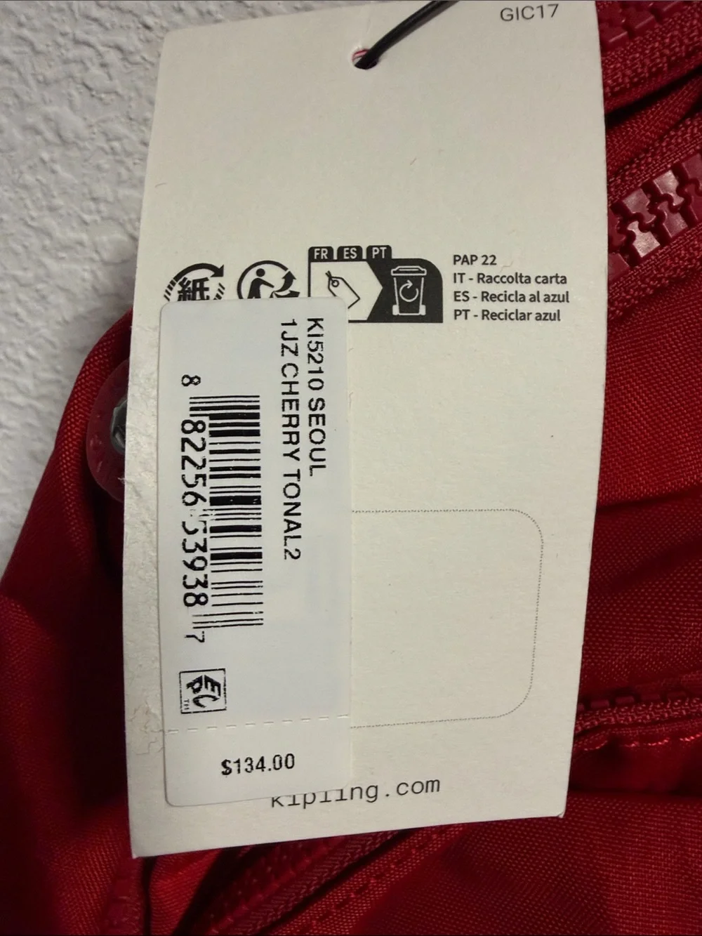 Kipling Bright Red Nylon Backpack with Monkey Charm